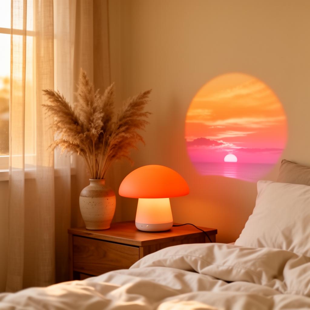 Warm ambient mushroom lamp and sunset projection lamp in a cozy bedroom corner