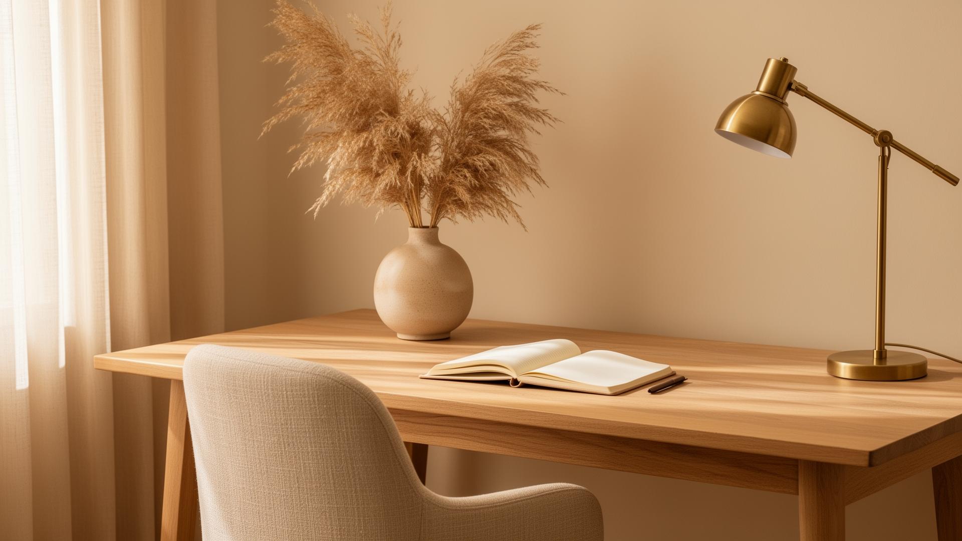 Aesthetic warm wooden desk with linen chair, dried pampas grass and brass lamp